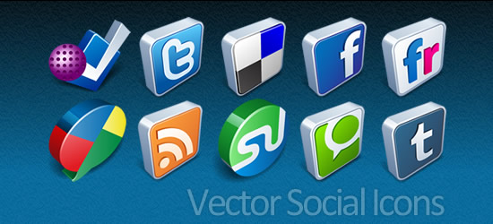 A collection of glossy 3D social media icons including those for Twitter, Facebook, and other platforms on a dark blue textured background.