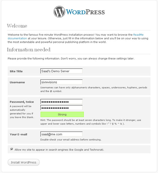 New User Registration Interface for Installation