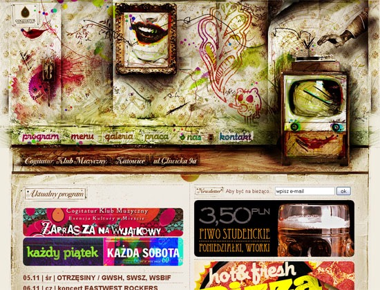 Screenshot of a vibrant and artistic website with a grungy background, featuring navigation tabs, event promotions, and two stylized television sets displaying abstract images.