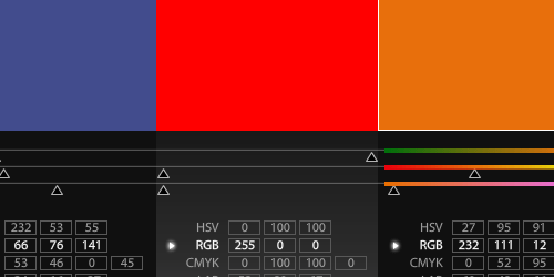 Three color blocks with corresponding color codes in HSV, RGB, and CMYK models. From left to right: dark blue with codes HSV (232, 53, 55), RGB (66, 76, 141), CMYK (53, 46, 0, 45); bright red with codes HSV (0, 100, 100), RGB (255, 0, 0), CMYK (0, 100, 100, 0); and bright orange with codes HSV (27, 95, 91), RGB (232, 111, 12), CMYK (0, 52, 95, 9). Below each are sliders and input fields for color adjustment.