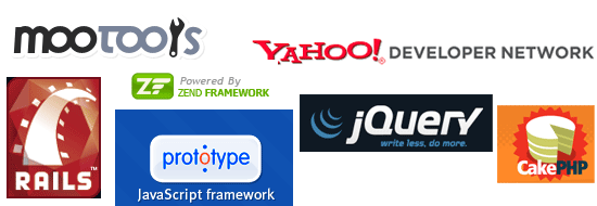 Logos of web development frameworks and libraries including MooTools, Yahoo! Developer Network, Zend Framework, Ruby on Rails, Prototype JavaScript Framework, jQuery, and CakePHP.