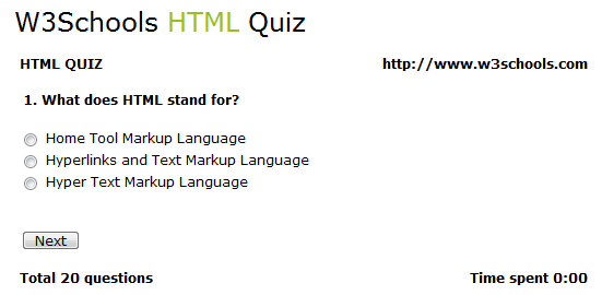 At the end of a W3Schools tutorial, a basic quiz is offered to reinforce knowledge