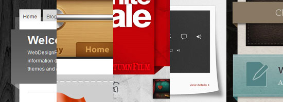 Collage of various website design elements including navigation menus, buttons, and sliders.