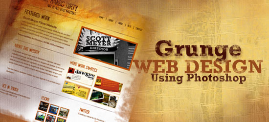 Banner for a grunge web design tutorial using Photoshop, featuring a textured background with website layout elements and the title 'Grunge WEB DESIGN' in a distressed font.