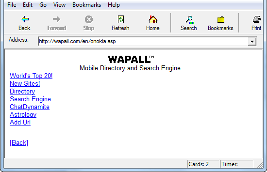 Screenshot of an early web browser window displaying the WAPALL mobile directory and search engine website with a list of links and basic navigation buttons.