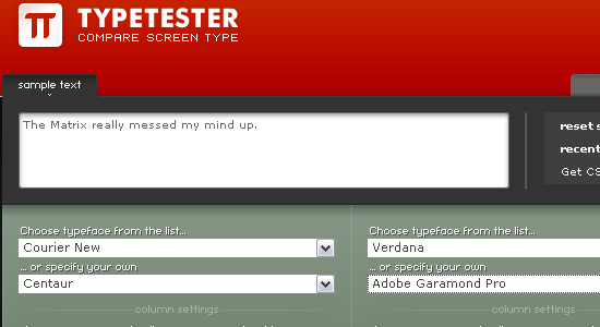 Screenshot of the Typetester website interface for comparing typefaces, showing a sample text box and dropdown menus for selecting different fonts such as Courier New and Verdana.