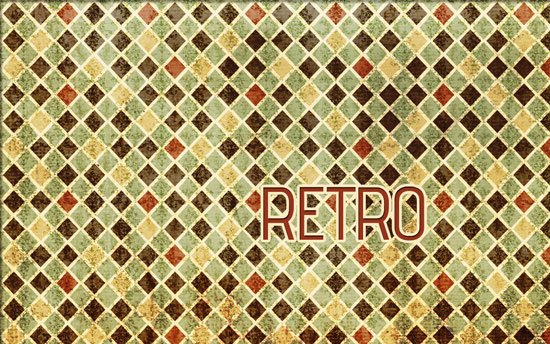 The image features a patterned background with a diamond-shaped tile design in muted tones of beige, brown, and green, with the word 'RETRO' centered in a bold, stylized font.