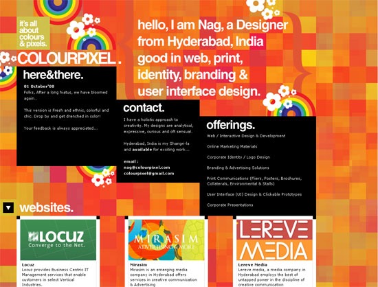 Graphic design portfolio page with an introduction to Nag, a designer from Hyderabad, specializing in various design services. Includes contact information, design philosophy, logos of client companies, and a list of offerings like web design, branding, and UI design. The layout is colorful with circular patterns.