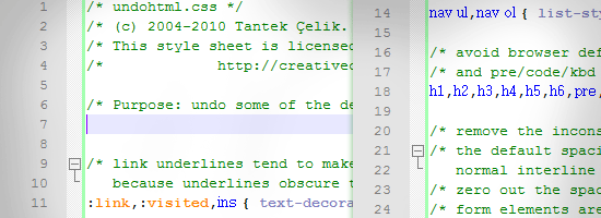 Close-up of CSS code with comments and rules for styling a webpage, including link underline removal and browser style resets.