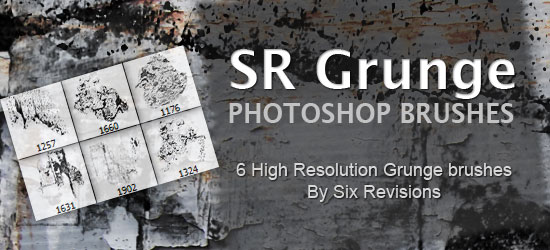 Promotional banner for SR Grunge Photoshop Brushes featuring six grunge brush stroke thumbnails on a textured background, indicating 6 high-resolution brushes by Six Revisions.