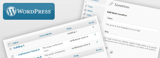 Collage of WordPress user interface with a list of locations and an 'Add New Location' form, including the WordPress logo.