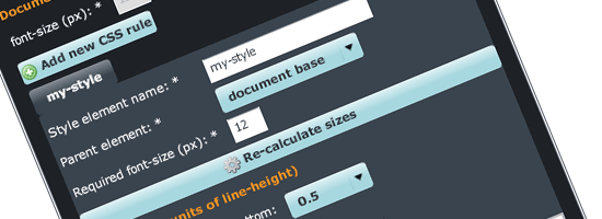 User interface for creating a new CSS rule with fields for style element name, parent element, font-size, and line-height units, with 'my-style' as the style name, 'document base' as the parent element, '12' px font-size, and '0.5' units of line-height.