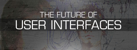 Banner with the phrase 'THE FUTURE OF USER INTERFACES' over an abstract background with a faint human-like outline.