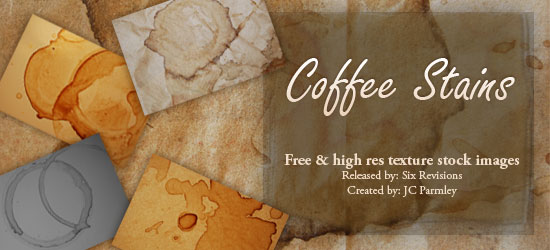 Promotional banner for 'Coffee Stains' featuring images of paper with various coffee cup stains, with text indicating free and high-resolution texture stock images by Six Revisions, created by JC Parmley.