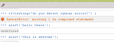 JavaScript console with a syntax error in an if statement, and two alert function calls.