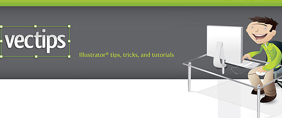 Cartoon character sitting at a desk with a computer under the 'vectips' logo, promoting Illustrator tips, tricks, and tutorials.