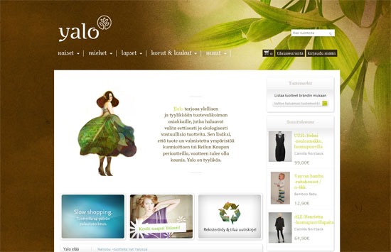 Screenshot of an eco-themed online store with navigation menu, product sections, promotions, and a central image of a woman in a dress blending with a leafy background.