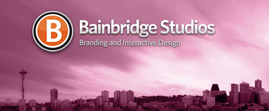 Banner for Bainbridge Studios featuring their logo with a pink-toned Seattle cityscape in the background and the text 'Branding and Interactive Design'.