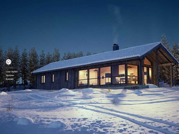 A cozy cabin with lit windows and smoke rising from the chimney is surrounded by a snowy landscape with footprints leading to the entrance, and snow-covered trees in the twilight.