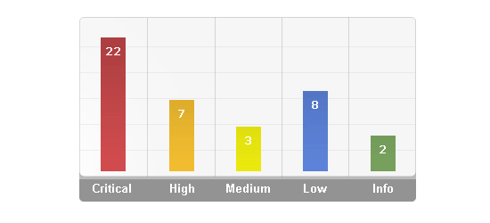 Horizontal bar chart showing issue counts by severity: 22 Critical in red, 7 High in orange, 3 Medium in yellow, 8 Low in blue, and 2 Info in green.