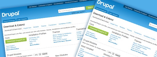 Screenshots of the Drupal website's 'Download & Extend' section with menu options and download links.