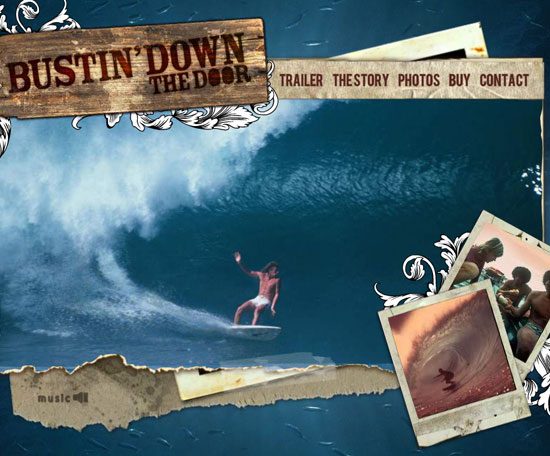 Webpage design for 'BUSTIN' DOWN THE DOOR' featuring a surfer on a large wave, with navigation tabs and Polaroid photos of surfing scenes.