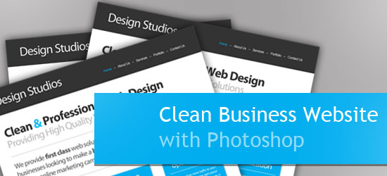 A collection of business card or website mockups with 'Design Studio' header, fanned out with a blue banner stating 'Clean Business Website with Photoshop'.