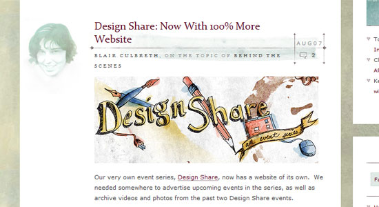 Screenshot of a blog post titled 'Design Share: Now With 100% More Website' with a stylized header graphic, a faded portrait of the author, and a brief excerpt about the Design Share event series having its own website.