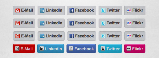 Four rows of social media and communication platform icons, including E-Mail, LinkedIn, Facebook, Twitter, and Flickr, with the first three rows in standard colors and the fourth row in red.