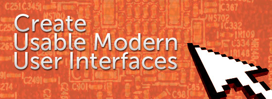 Banner with the text 'Create Usable Modern User Interfaces' overlaid on a background of digital circuitry patterns with a pixelated cursor arrow pointing towards the text.