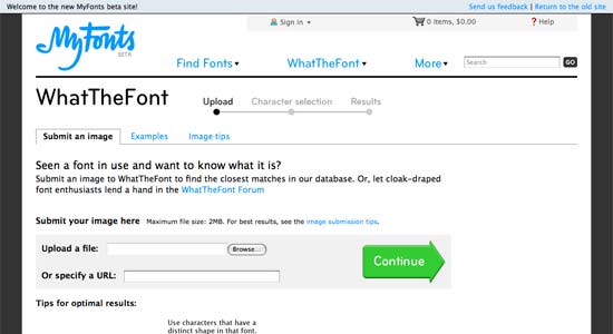 Screenshot of the WhatTheFont font identification page on the MyFonts website with options to upload an image or specify a URL.