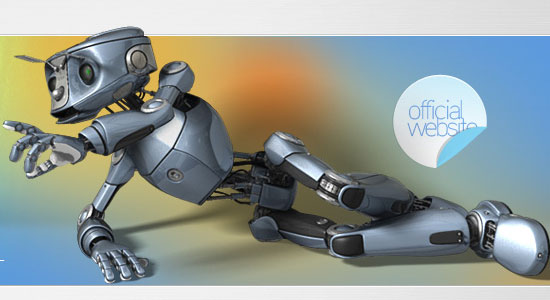 3D rendering of a friendly humanoid robot lying on its side with a logo saying 'official website' in the top right corner.