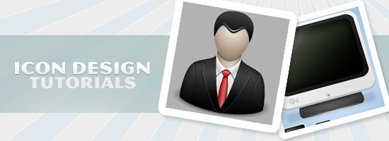 Banner for icon design tutorials featuring stylized images of a person in a suit and a computer monitor.