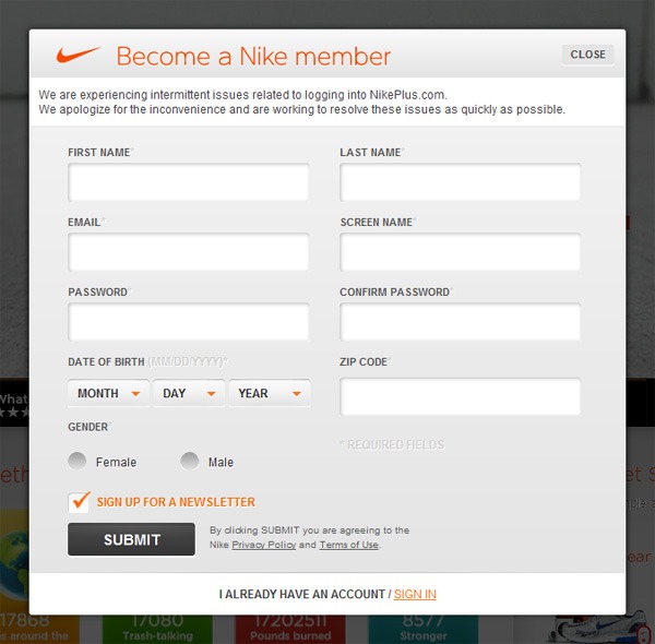 21 nike signup form