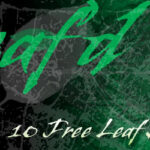 Promotional graphic for 'Leafy' featuring 10 free leaf brushes with stylized green text on a dark green leaf-patterned background.
