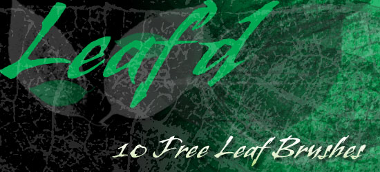 Promotional graphic for 'Leafy' featuring 10 free leaf brushes with stylized green text on a dark green leaf-patterned background.