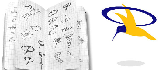 An open notebook with various logo sketches on the left and a stylized graphic of a blue and yellow hummingbird on the right.