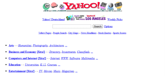 Screenshot of an early version of the Yahoo! website with a simple text-based layout, featuring categories with hyperlinks, a search bar, and the Yahoo! logo.