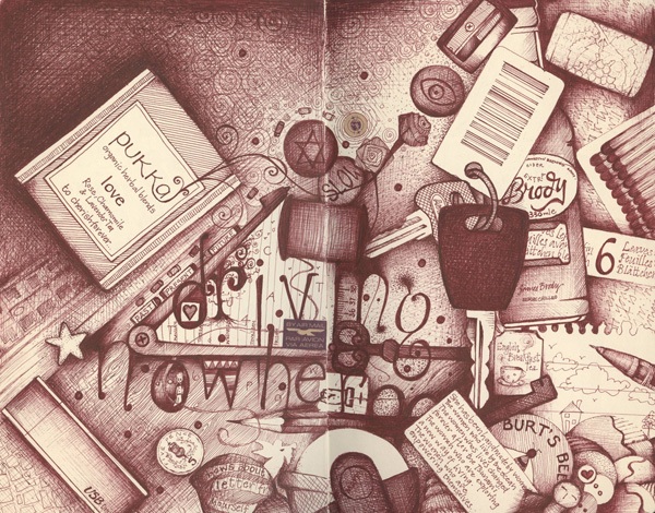 Artistic composition featuring various items such as a PUKKA teabag, a key, a pencil, Burt's Bees lip balm, and a ticket stub, with the phrase 'SING ME FLOWERS' prominently displayed in the center in various fonts, all rendered in a hand-drawn, monochromatic style.