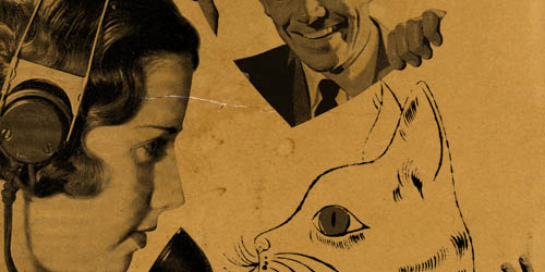 Vintage collage with a woman wearing headphones, a smiling man in a suit, and a sketched cat's face on a sepia background.