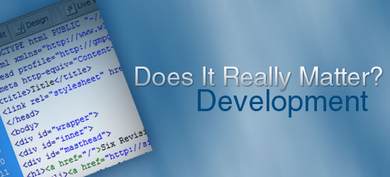 HTML code on a computer screen with the phrase 'Does It Really Matter? Development' over a blue gradient background.