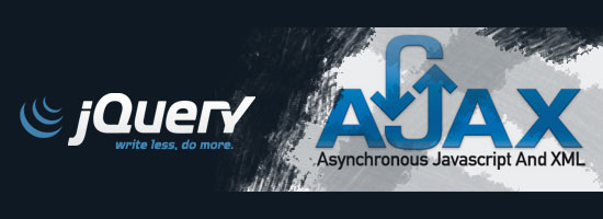 jQuery logo with the slogan 'write less, do more' next to the AJAX logo with the description 'Asynchronous JavaScript and XML'.