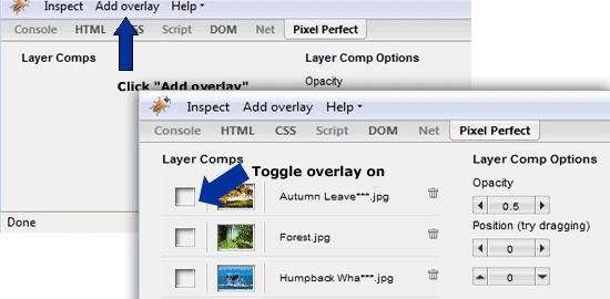 Screenshot of a web developer tool interface highlighting the 'Layer Comps' feature with instructions for adding and toggling overlays on image files.