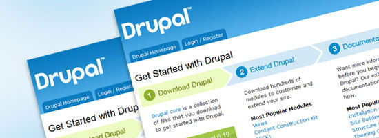 Screenshot of a Drupal website page featuring the Drupal logo, navigation options, and sections for getting started, extending Drupal, and accessing documentation.