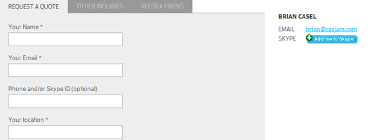 Screenshot of a website contact form with fields for name, email, phone/Skype, and location, alongside contact information for Brian Casel with an email address and a Skype button.