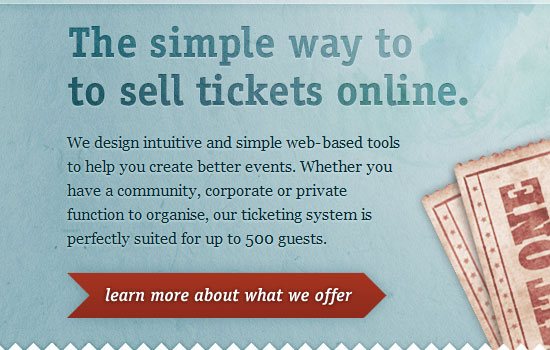 Promotional graphic for an online ticket selling service, highlighting the simplicity of their web-based tools for events up to 500 guests, with a call-to-action button and images of 'ADMIT ONE' tickets.