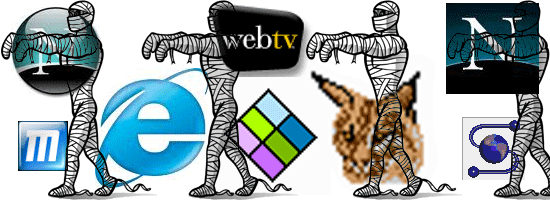 Stylized figures in a conga line, each paired with a different internet browser or service logo, including Mosaic, Netscape Navigator, WebTV, Internet Explorer, a pixellated Windows logo, and a blue Netscape Navigator logo.