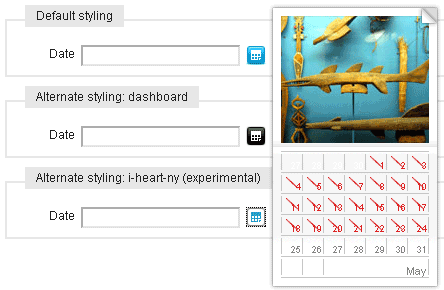 Three styles of date picker interfaces: default with a simple calendar icon, dashboard style with an image, and an experimental 'I ♥ NY' theme with hearts on dates.