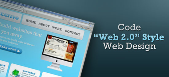 Computer monitor displaying a webpage promoting 'Web 2.0' style web design with navigation links and an inset screenshot of another website.