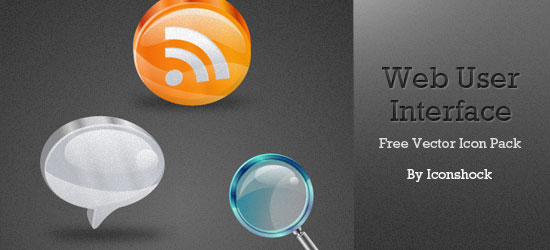 Three web interface icons including an orange RSS feed symbol, a white speech bubble, and a magnifying glass with a blue handle, with text 'Web User Interface' and 'Free Vector Icon Pack By Iconshock.'